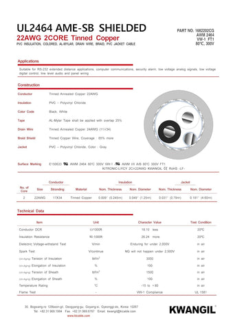 AMESB 22AWG 2C Shielded Cable Wire (UL2464) - Flexible Str TC, PVC Ins, OS+Drain+TC BRD, PVC JKT for CNC Machine, Stepper Motor, VFD Spindle
