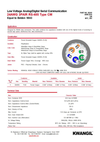 RS-485 24AWG 2Pr Shielded Cable - Equal to Belden 9842, Str TC, PE Ins, OS+Drain+TC BRD, PVC JKT, 120 ohm for Low Voltage Analog Signals/Digital Control
